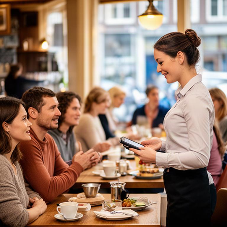 Bedieningsmedewerker neemt bestellingen op in een levendig Amsterdams café tijdens de lunchdrukte